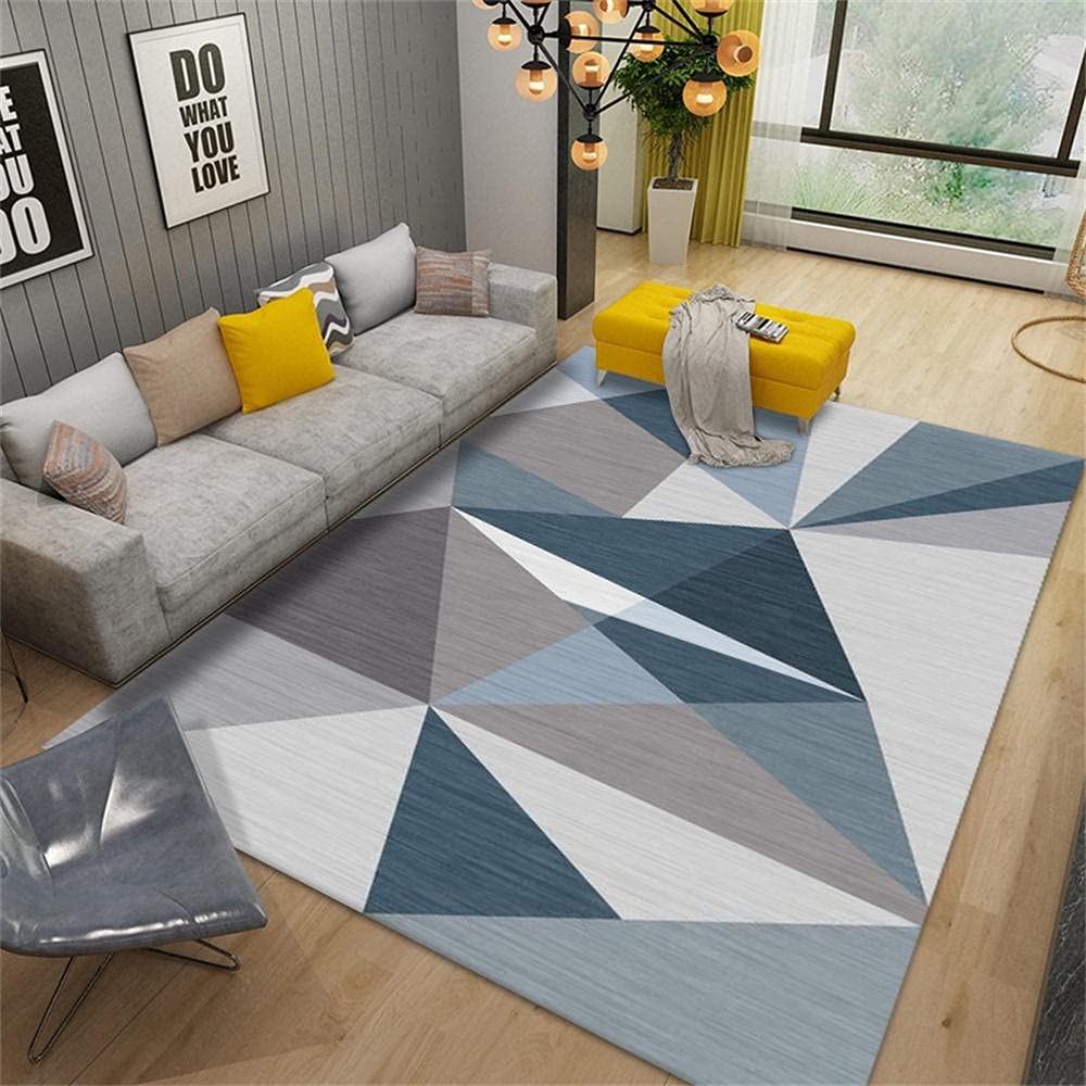 Tapis chambre fille anti-poussière tapis poil court graphique gris bleu