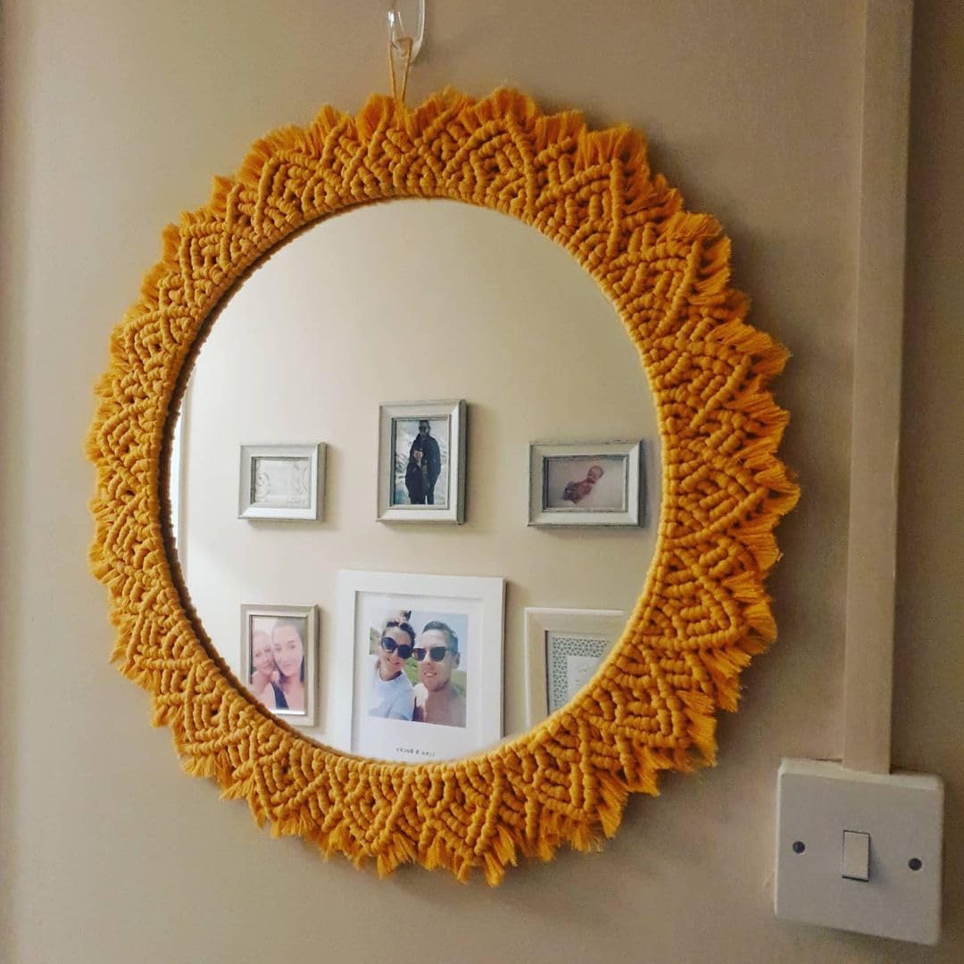 ARSHLAZA Handmade Macrame Round Wall Mirror, Mustard Yellow, Boho Decorative Frame with Woven Pattern, Large Hanging Circle Mirror for Home Decor-image-30