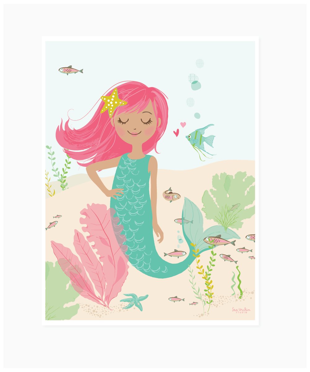 Sea Urchin Studio Mermaid Art Poster, Pink, 12" x 16"