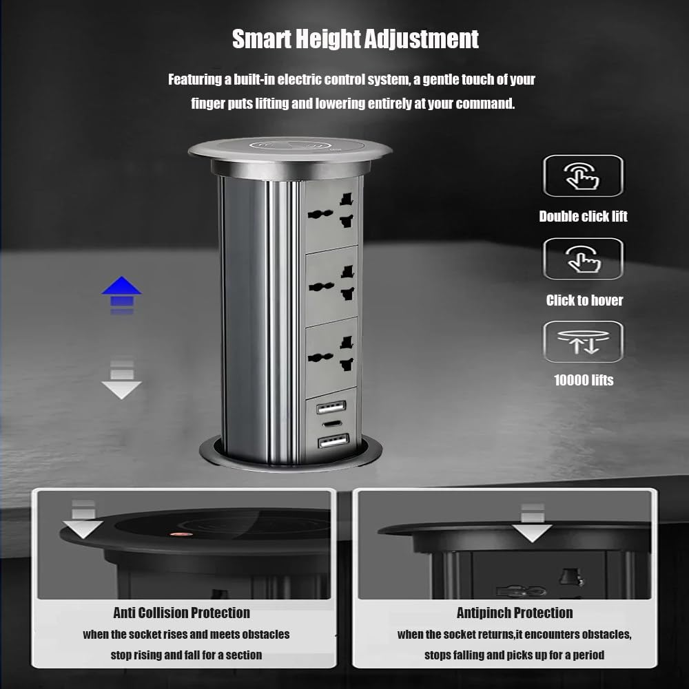 Prese A Scomparsa Per Piani Cucina,3 Prese Multifunzione Ca,2 Usb-A + 1 Usb-C,Ricarica Wireless Da 15W,Sollevamento Intelligente Tramite Tocco,Installazione A Scomparsa,Per Scrivania Di Casa A