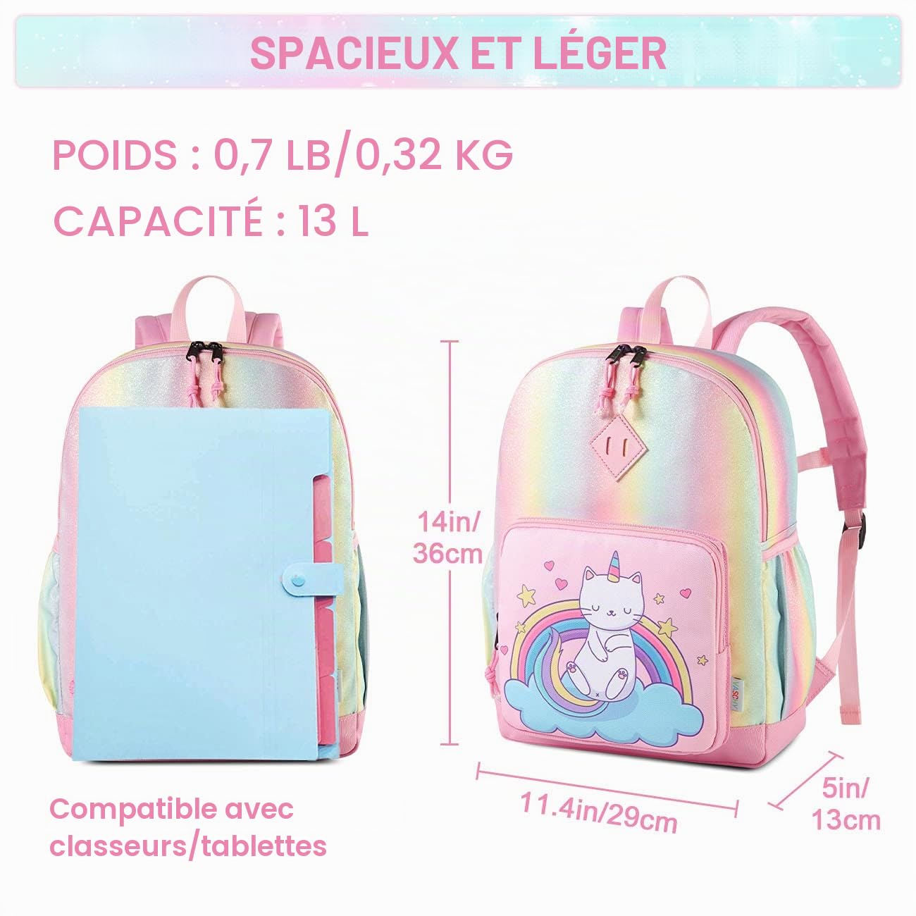 Sac à Dos Enfant, VASCHY Cartable Filles Primaire 4-6 Ans Léger Brillant Imperméable Sac a Dos Licorne Mignon pour A4 Dossier Maternelle École avec Sangle de Poitrine