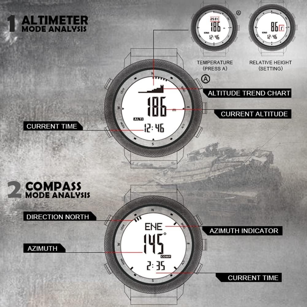 Orologio Sportivo all'Aria Aperta Orologio da Polso Militare Digitale Orologi Militari Impermeabili Multifunzione con Bussola Altimetro Termometro Pedometro Allarme Retroilluminazione A LED