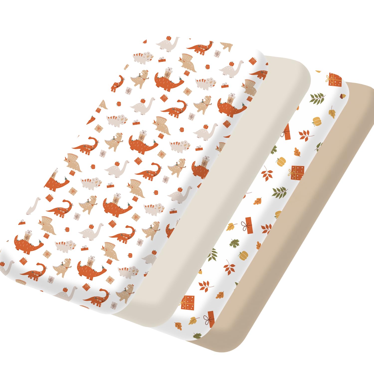 Bimocosy Sábanas para cuna, paquete de 4 sábanas para bebé, tamaño 38 x 26 pulgadas, para colchón de corralito, mini cuna portátil, sábanas suaves para bebé, dinosaurio/hojas/caqui/marfil