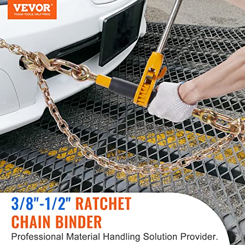 VEVOR 3/8"-1/2" Ratchet Chain Binder with Chain, G80 12000 lbs Secure Limit, Heavy Duty Load, Labor-Saving Anti-Skid Handle, Tie Down Hauling Chain Binders for Flatbed Truck Trailer, 2 Set & Yellow