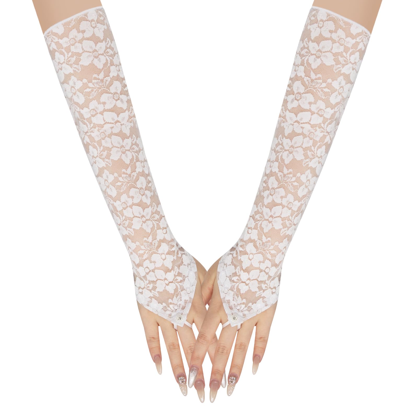 Long Keeper Elegant Floral Lace Gloves for Women Elbow Length Fingerless Long Gloves with Finger Loops for Bridal Opera Evening Wedding Party Prom One Size (White
