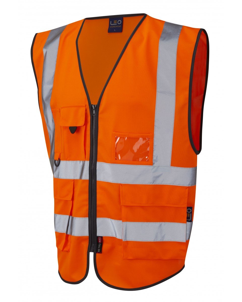 Leo Workwear Orange Lynton Single Colour Multi-Pocket Hi-Vis Class 2 Superior Waistcoat, 4XL,
