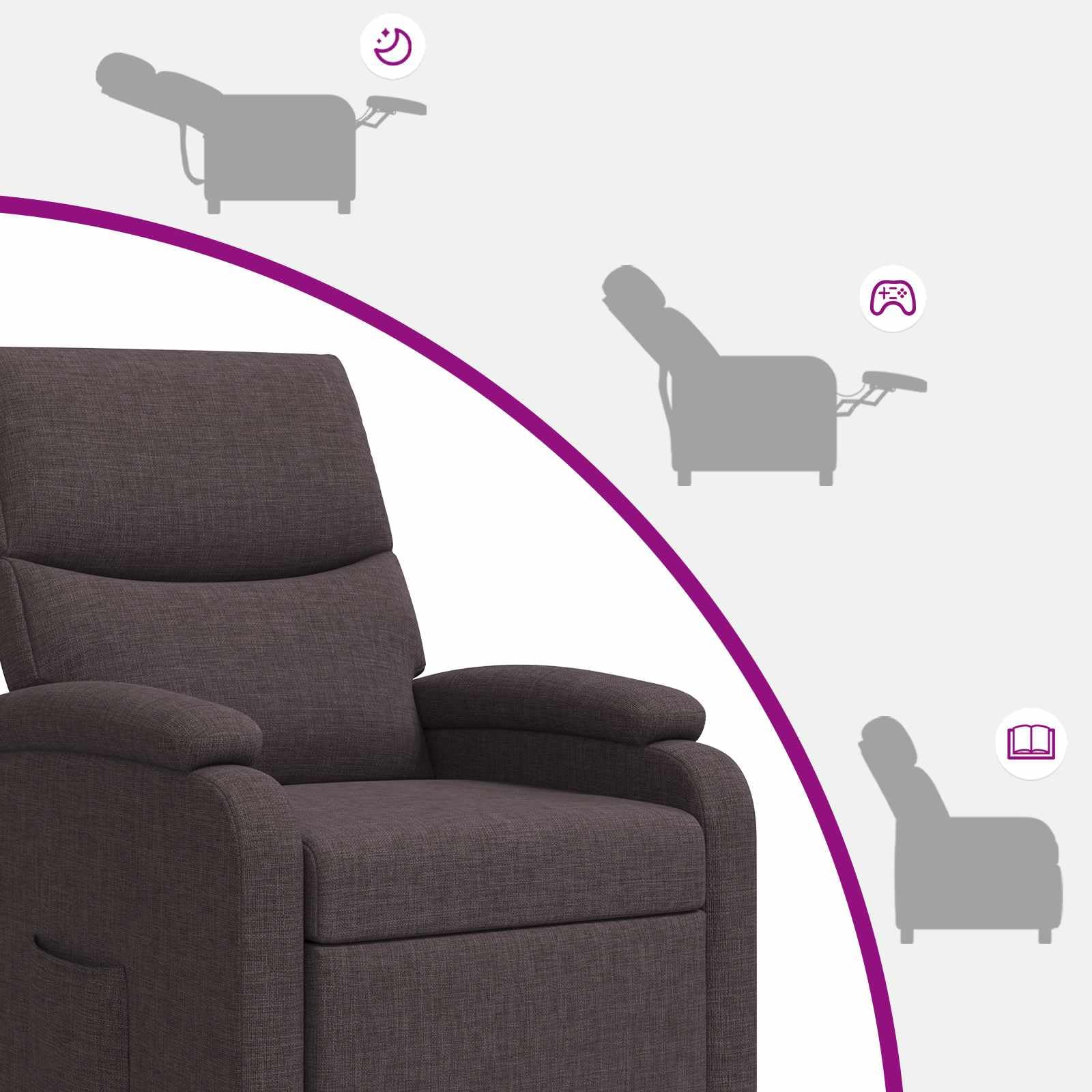 Poltrona relax in tessuto marrone scuro, regolabile da 115 a 160 gradi, con