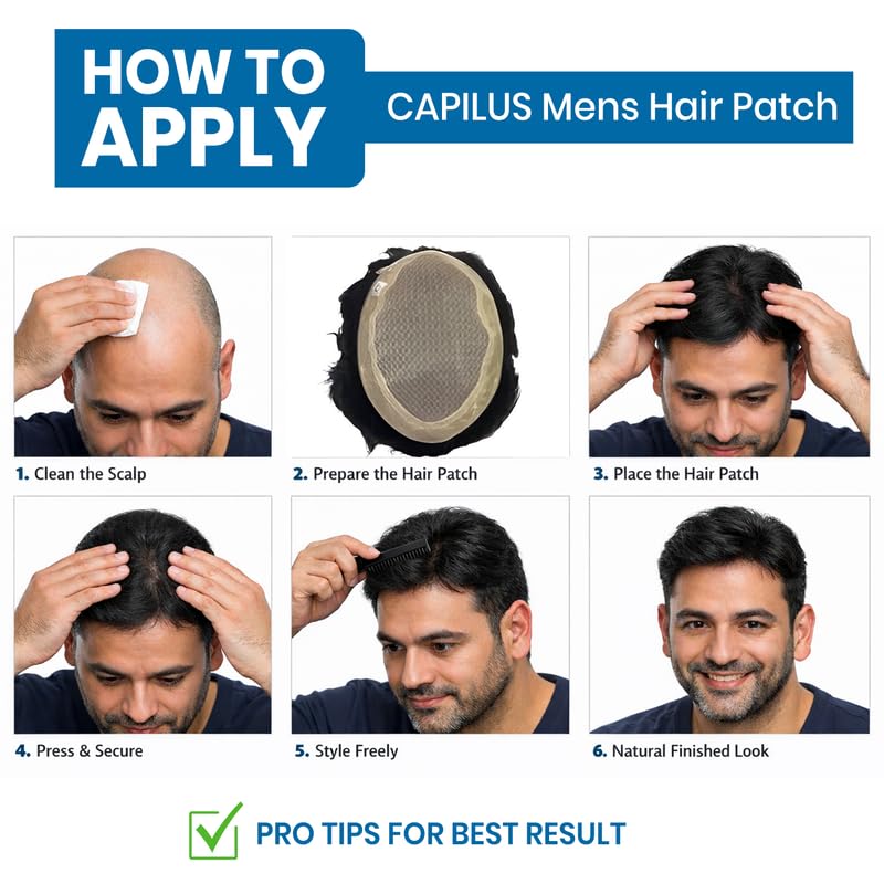 Image of CAPILUS Men's Hair Patch Indian Black | Real Human Hair Toupee with Monofilament Base | Natural Scalp Look Hair System for Baldness & Thinning Hair | Easy Apply, Freestyle Styling - 9x6