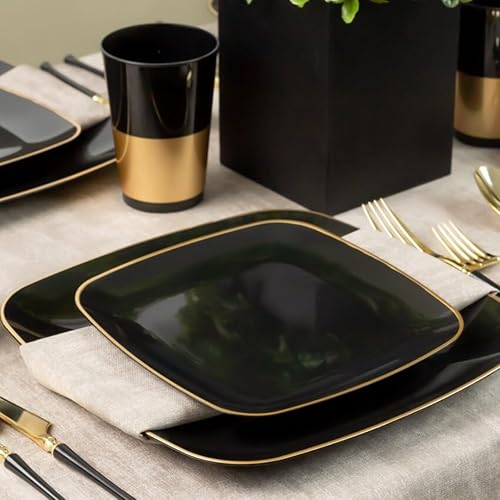 Miniatura 2 de Blue Sky Platos desechables negros orgánicos de 8.5 pulgadas cuadrados (10 unidades) | Vajilla de plástico con borde dorado para fiestas