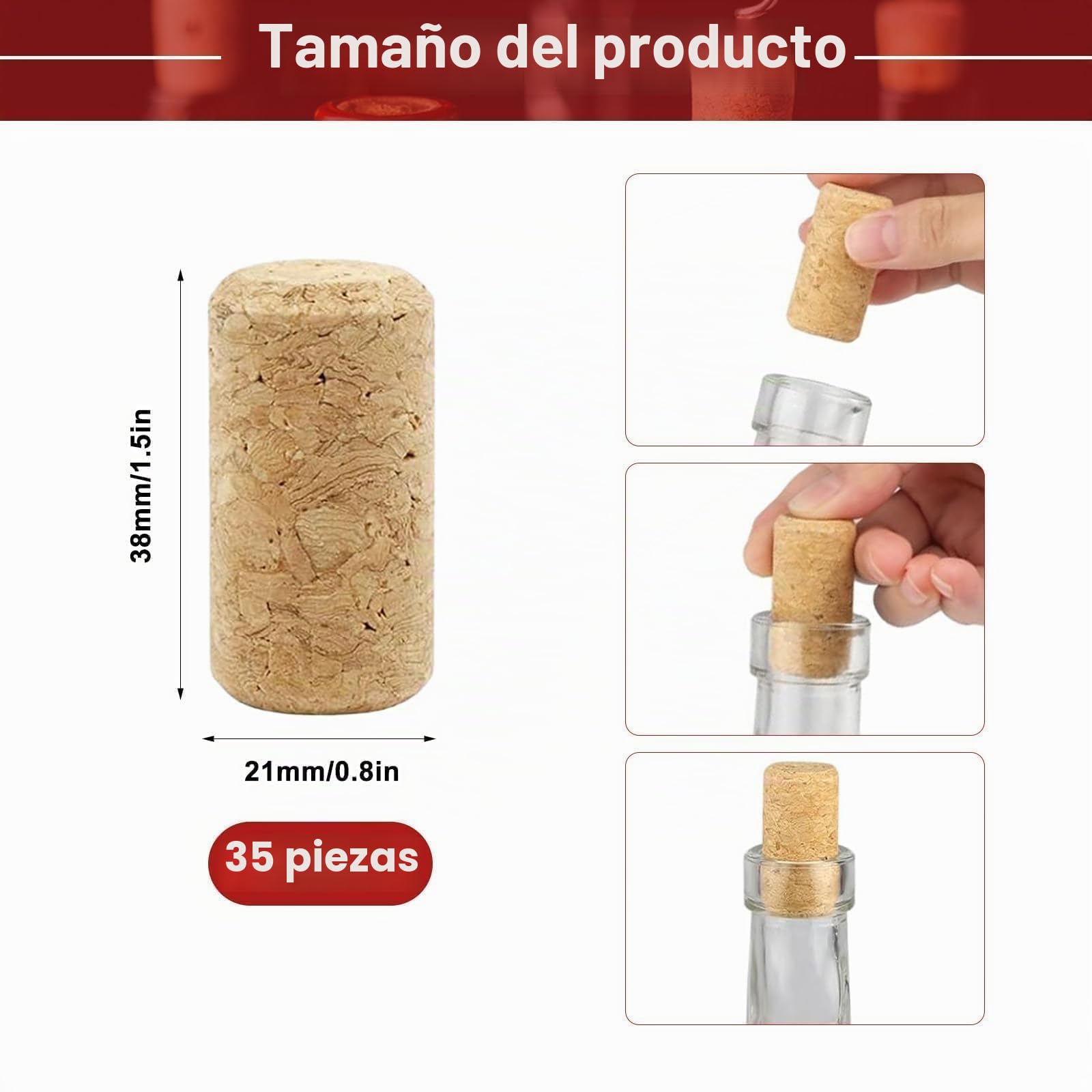 35 Pcs Corchos de Vino, Tapones de Corchos de Botella Naturales, Tapones Corcho Reutilizables, Tapones de Botella para Vino Tinto Botellas Manualidades y Decoración (21 x 38 mm)