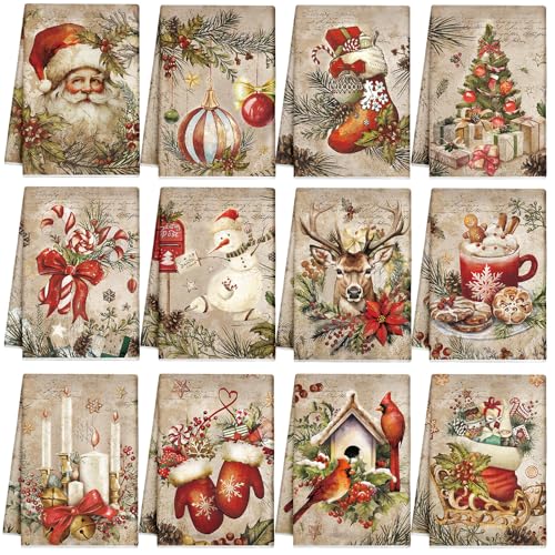 VitalCozy 12 Pcs Christmas Kitchen Towels and Dishcloths Retro Christmas Tree Reindeer Santa Claus Cardinal Snowman Hand Tea Towels Decor for Xmas Home Housewarming Gift Supplies, 14.2 x 21.3 Inch