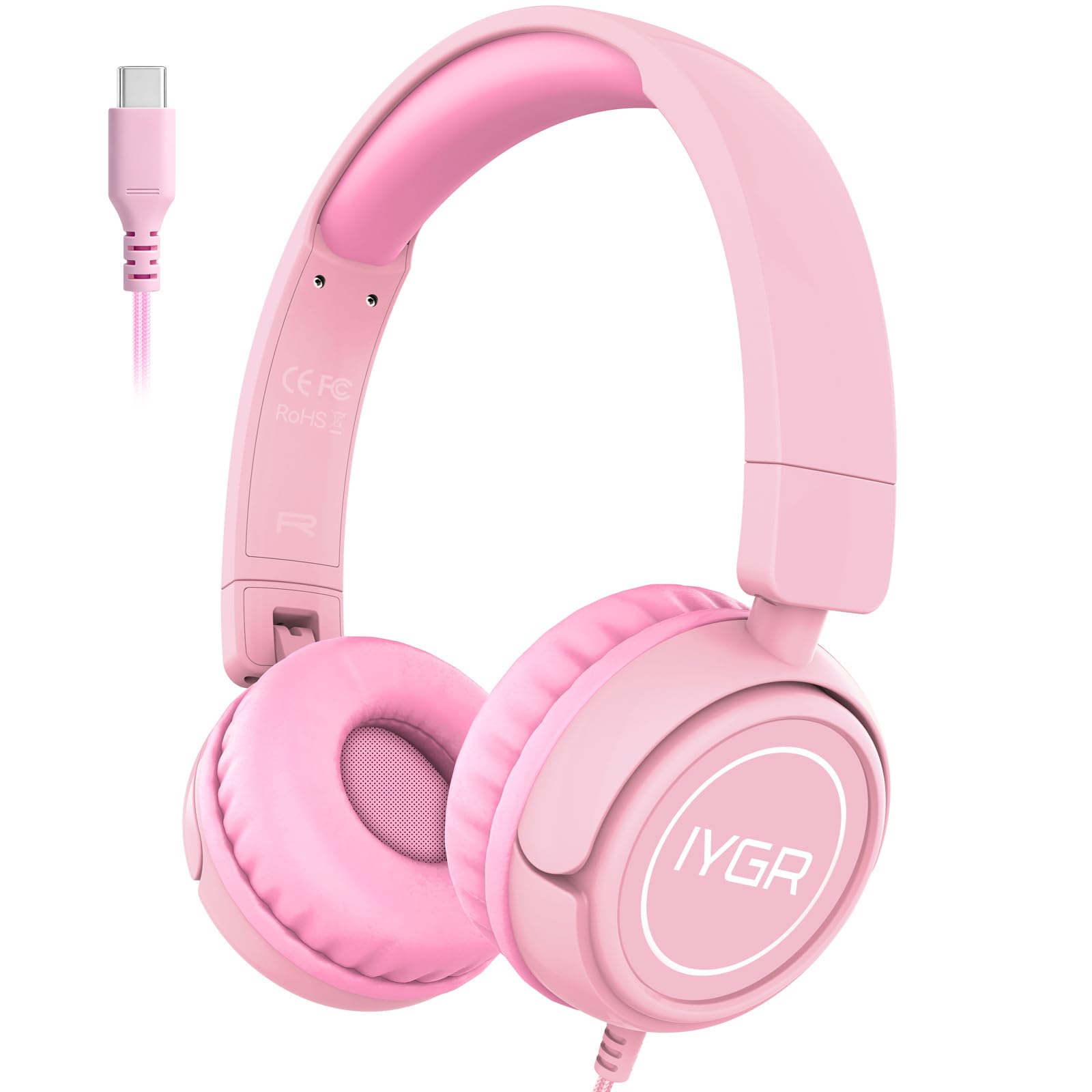 K6 Upgrade USB Typ C Kinder-Kopfhörer für die Schule, 94 dB sichere Lautstärke begrenzt, HD-Stereo-Sound, faltbare, leichte On-Ear-Kopfhörer (Rosa)