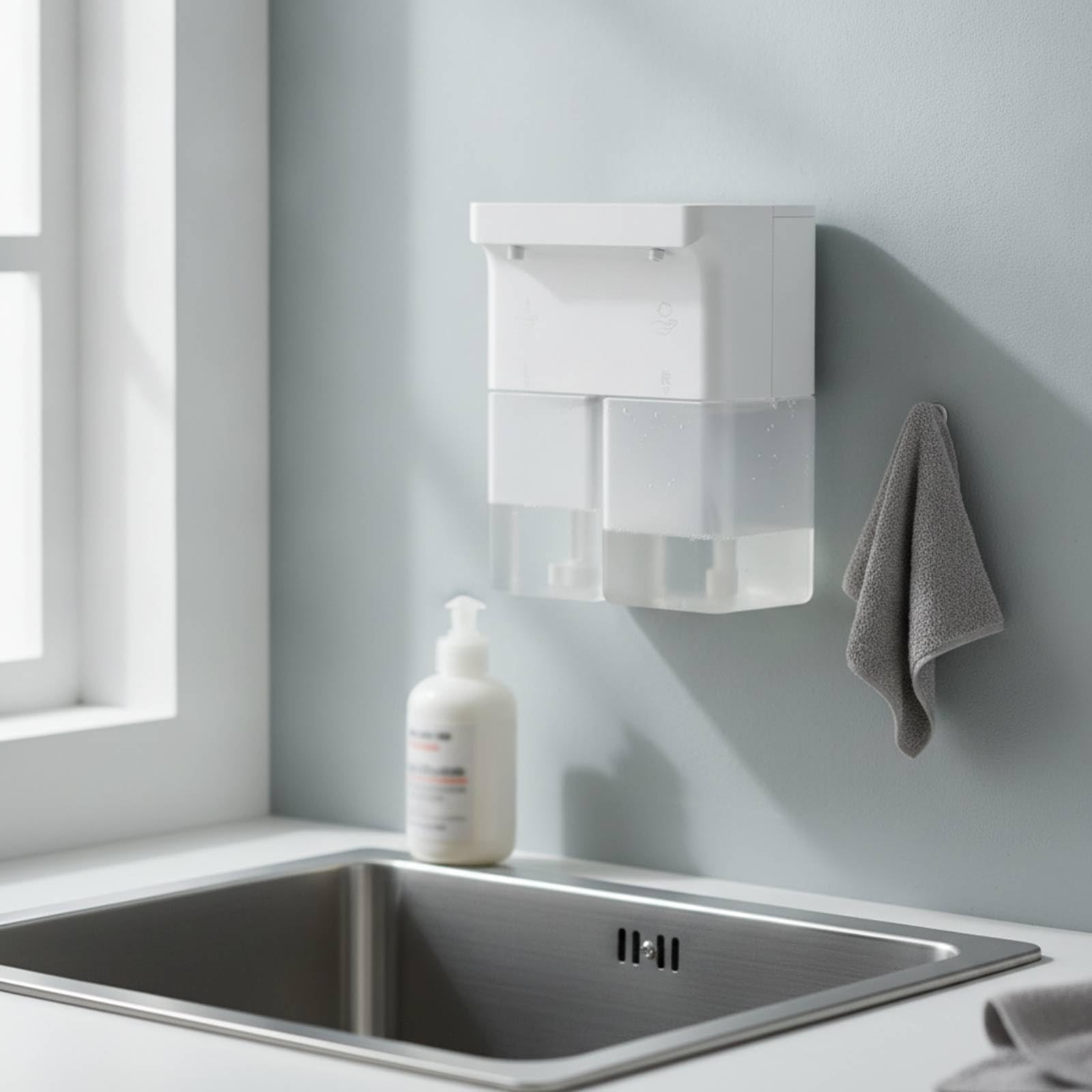 Dispenser di Sapone con Doppio Serbatoio, Modello Con Doppia Erogazione Di Liquido Liquido + Liquido