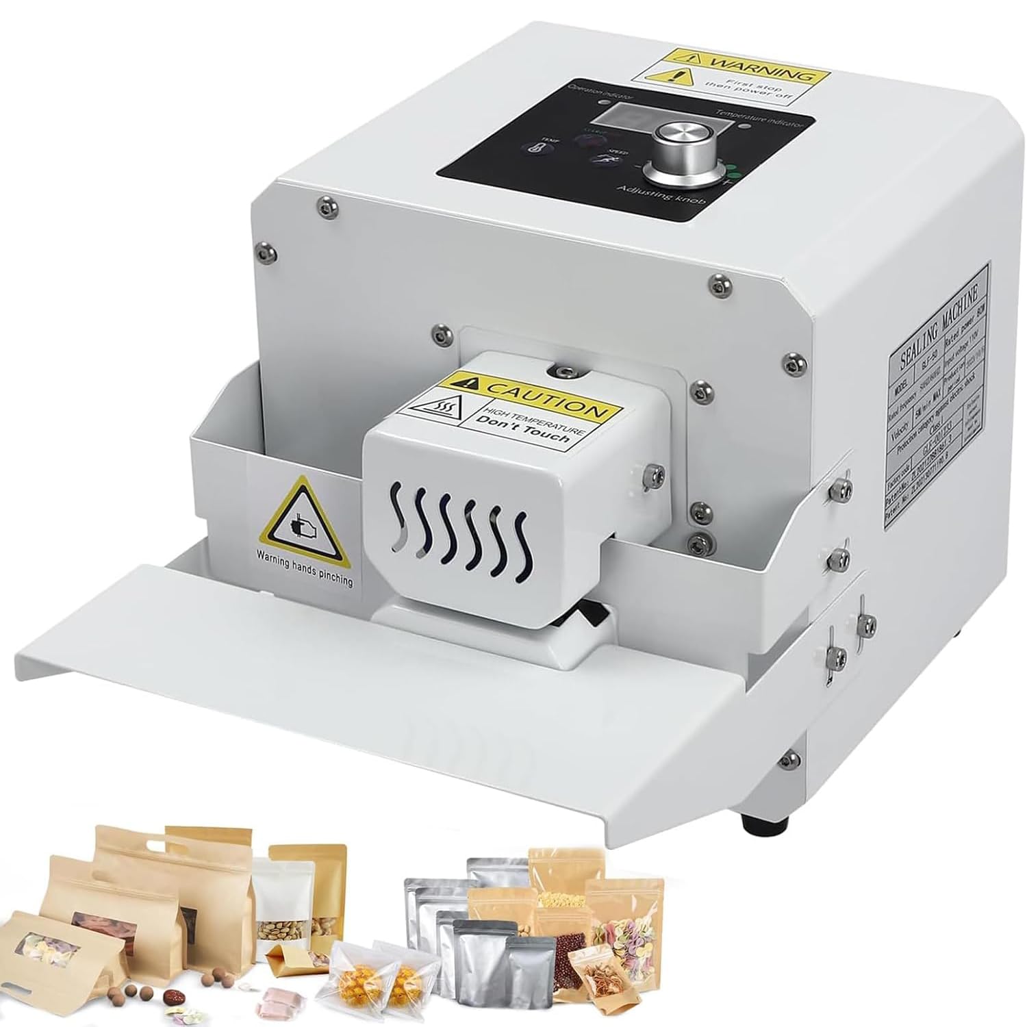 Macchina termosaldatrice, 80 W, sigillatrice automatica per imballaggi alimentari, temperatura regolabile 0-200 ℃, velocità di sigillatura 5 m/min, ideale per film in PVC e sacchetti di plastica