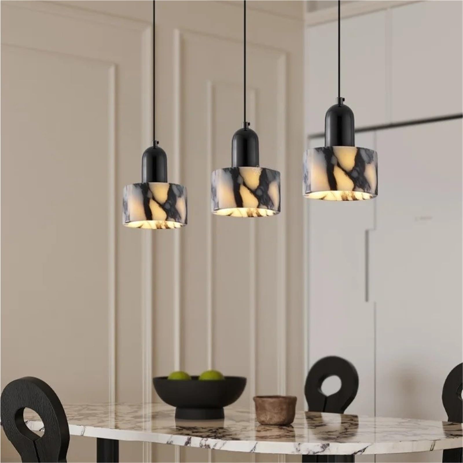 Lampadario in Marmo, Cilindro in Pietra Nera, Lampada a Sospensione a LED, Lusso