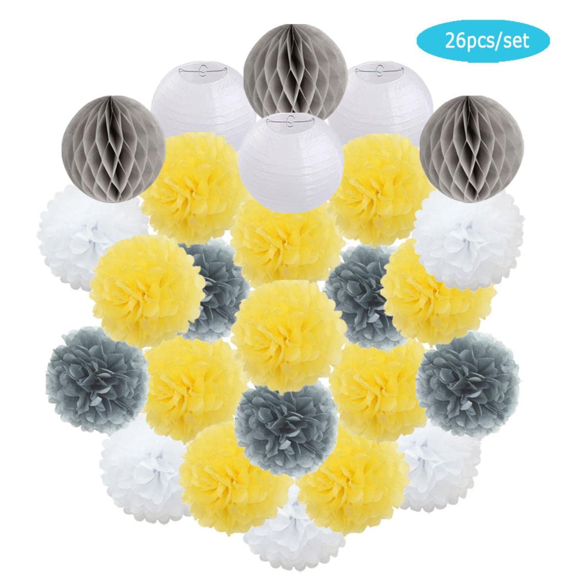 Bambini Ragazzo Ragazza 1 ° Compleanno Festa Bomboniera Fai da Te Blu Bianco Rotonda Lanterna di Carta 6"8" 10"12" Battesimo Del Bambino Decorazione di Nozze A Nido D'ape-Grigio Giallo Set, 8 pol