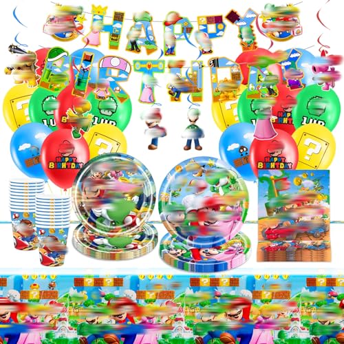 74 Stück GeburtstagsdekoGeburtstag Geschirr Set Kindergeburtstag Party Deko Enthält Geburtstag Banner Luftballons Becher Servietten Tischdecke Pappteller für Kinder Jungen Mädchen