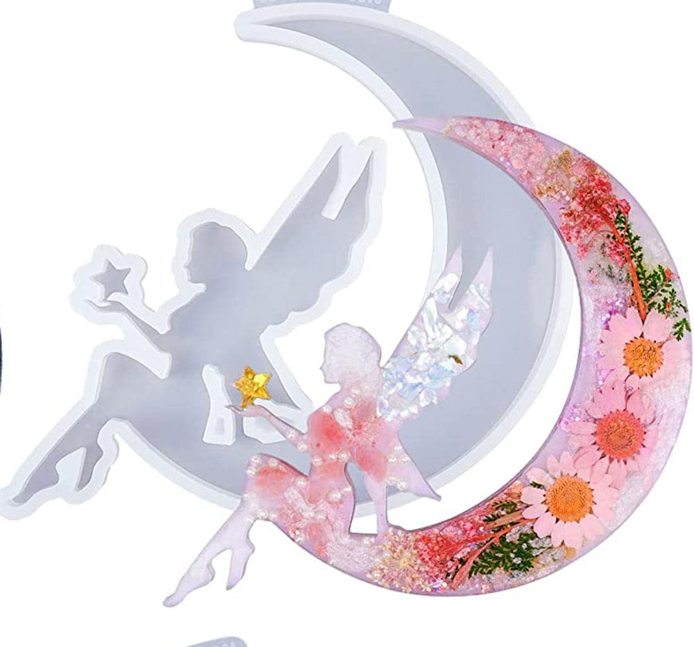 EnaMeena Set of 2 Moon Fairy Silicone Molds for Epoxy Resin Casting. Perfect for Luna Wall Hangings, Home Decor, Halloween Decorations, and Aromatherapy Soaps.