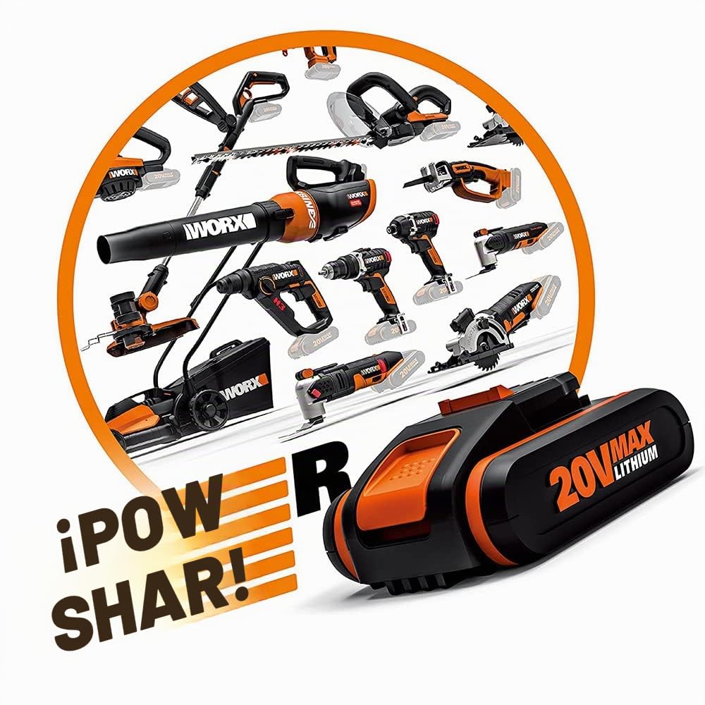 WORX WA3601 Pack Batería 20V 2Ah + Cargador Rápido 1h PowerShare, Compatible con Todas Las Herramientas WORX 20V, Indicador de Carga Integrado
