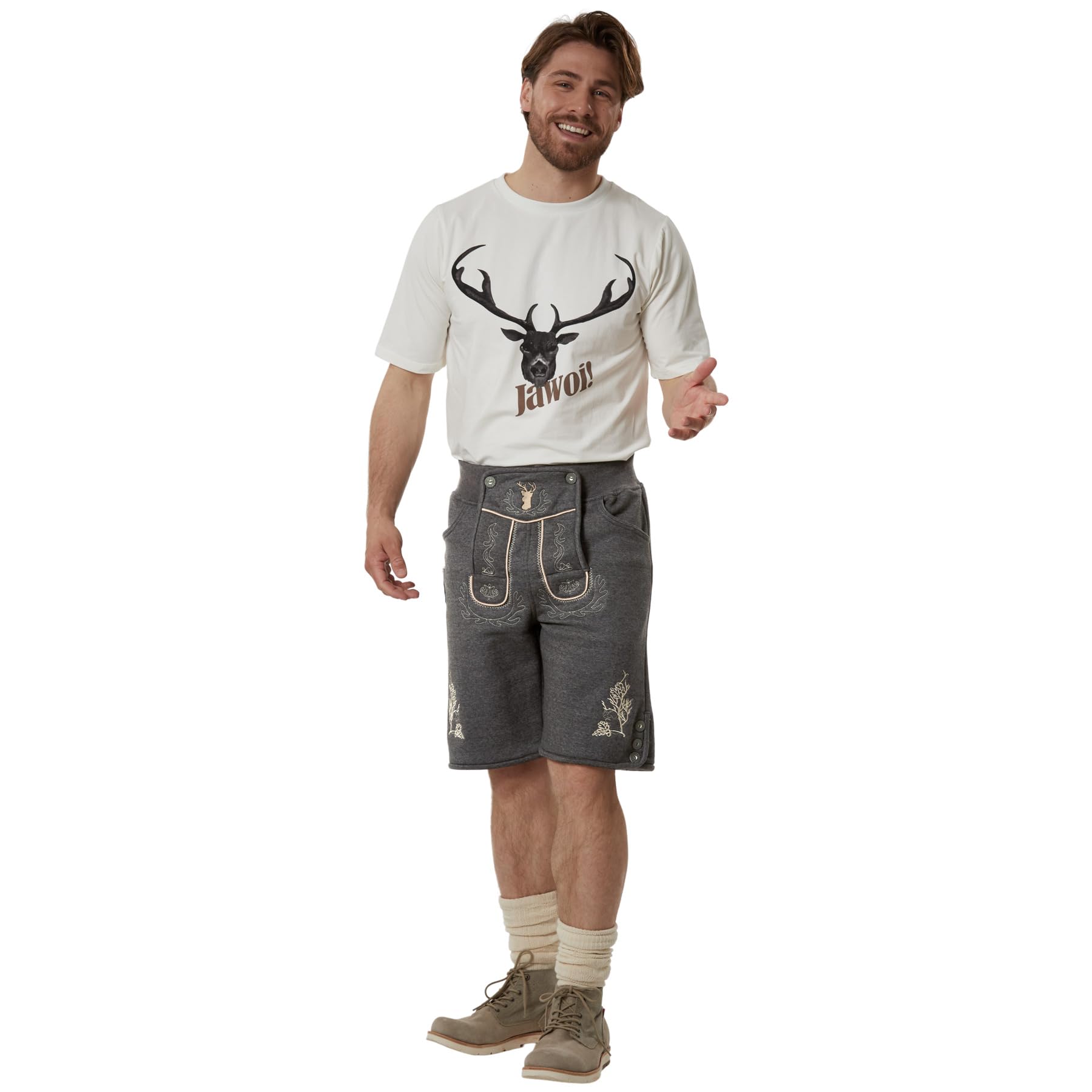 dressforfun Kurze Trachtenhose aus Fleece, vegane Lederhose, Tracht Herren, Trachten Lederhose Look ohne Leder, Vintage Optik mit authentischer Stickerei für Oktoberfest, Volksfest