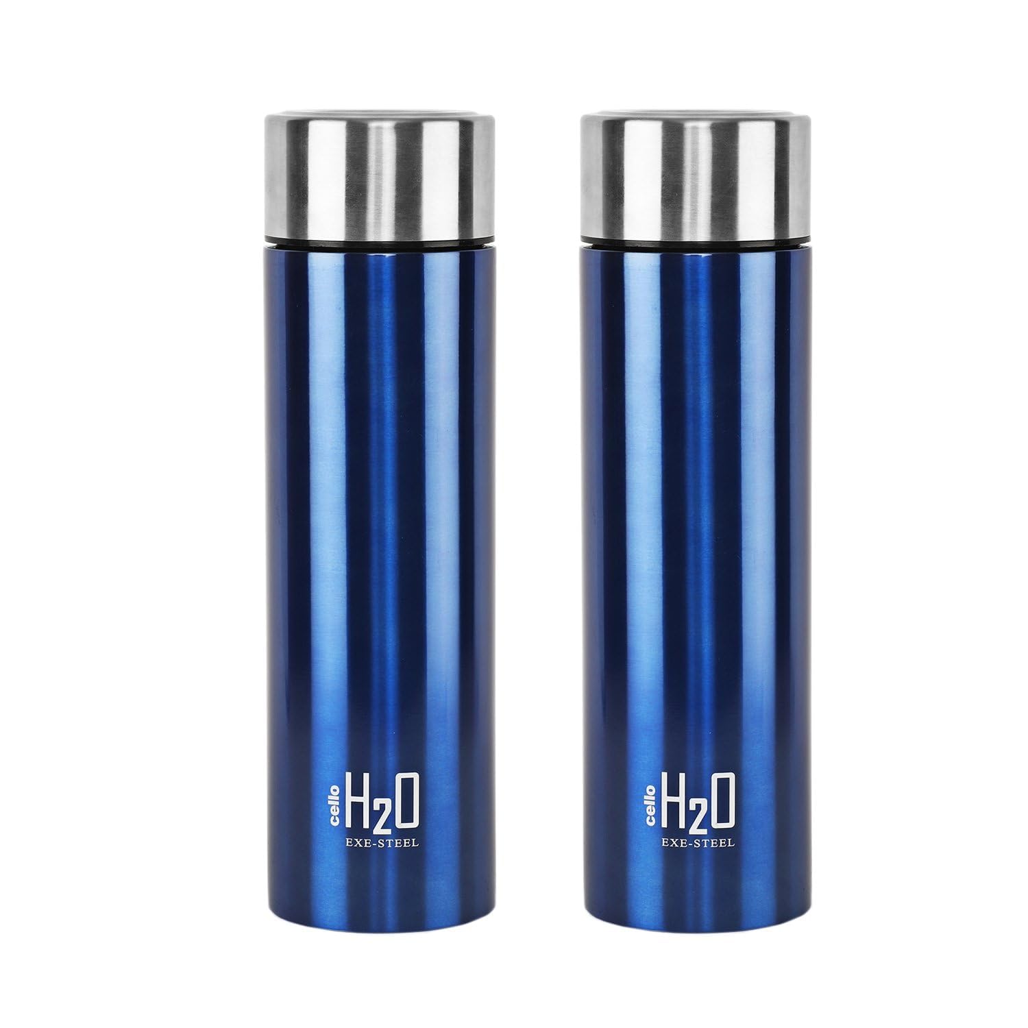 CELLO H2O Stainless Steel Water Bottle for Office & Daily Use Set of 2 Pcs, 1000 ml Blue | Single Wall Freezer & Fridge Safe, Lightweight Leakproof Rustproof Steel Water Bottle for School Gym Travel