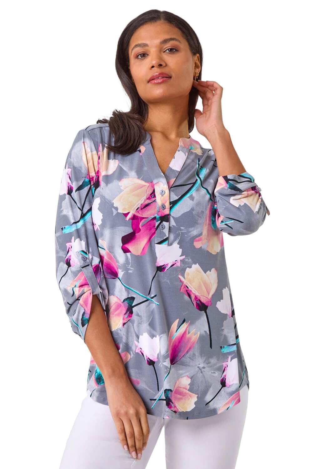 Roman Women's Pink Floral Print V-Neck Button Shirt Size 12