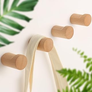 4 Pack Wood Hooks Wooden Coat Hat Hooks Natural Modern Home Decorative No Damage Adhesive for Bathroom Entryway Wall Towels Wallets Clothes Space Saving Gift (Beech)