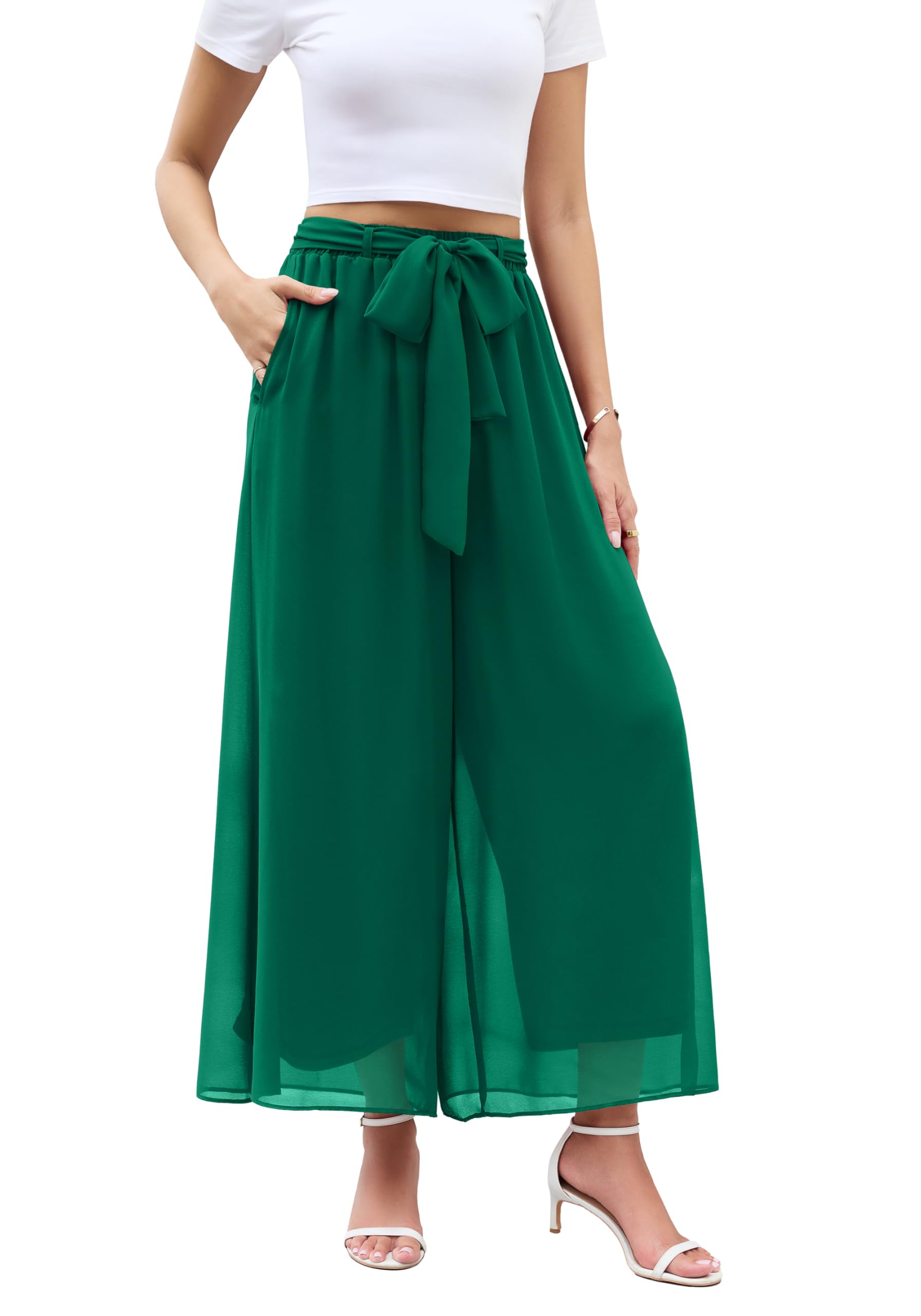 WANGZHI Womens Wide Leg Chiffon Dress Pant Elegant Party Elastic Waist Trouser with Pockets