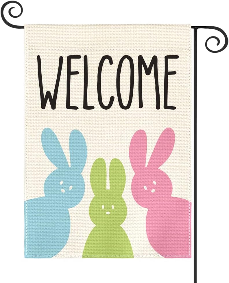 AVOIN colorlife Easter Rabbit Garden Flag 12x18 Inch Double Sided Outside, Small Burlap Welcome Bunny Holiday Yard Outdoor Decoration
