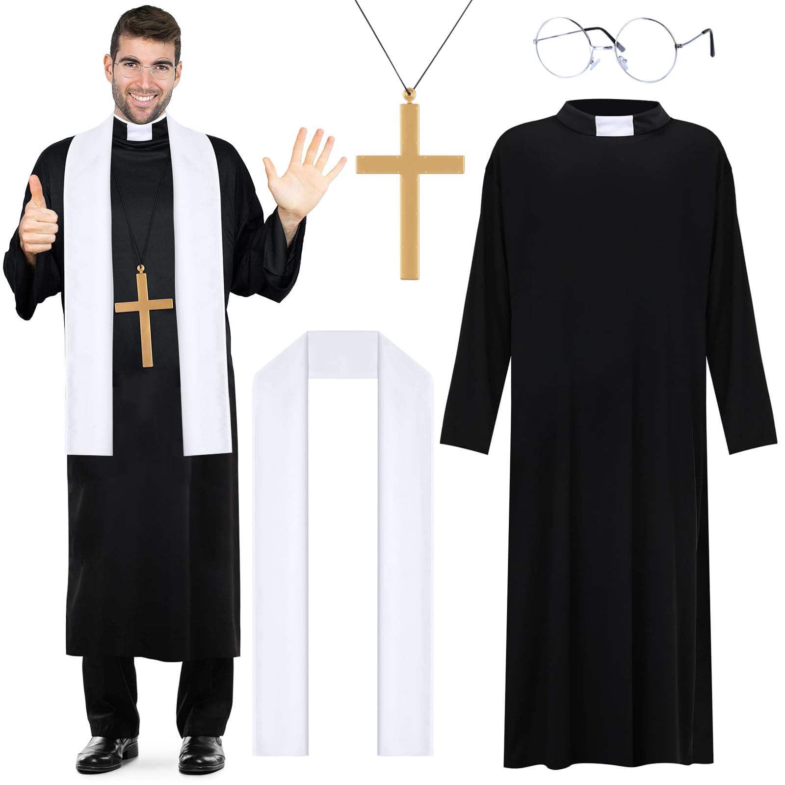 4 PCS Priest Costume for Men Include Robe Stole Plastic Cross Glasses for Adults Halloween Exorcist Dress Up