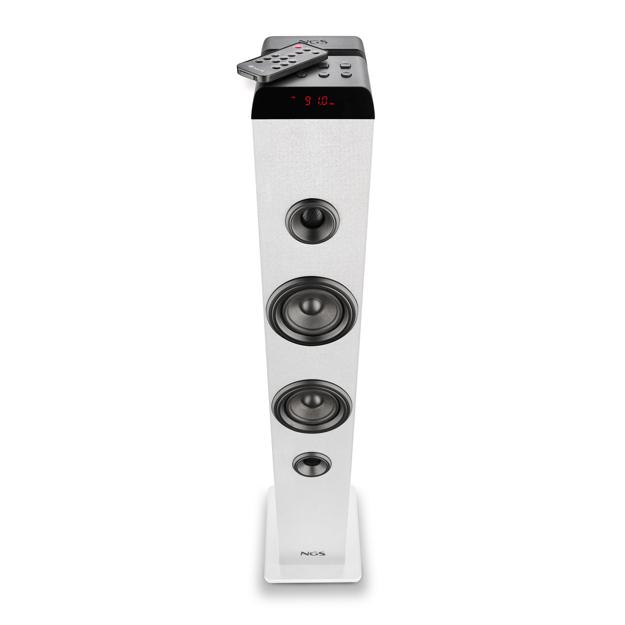 NGS Sky Charm Pro White - Tour de Son 50 W avec Bluetooth 5.4, Entrée Optique, USB, Entrée auxiliaire, Radio FM, Fonction de Diffusion, Entrée Microphone Karaoké, Télécommande, Blanche