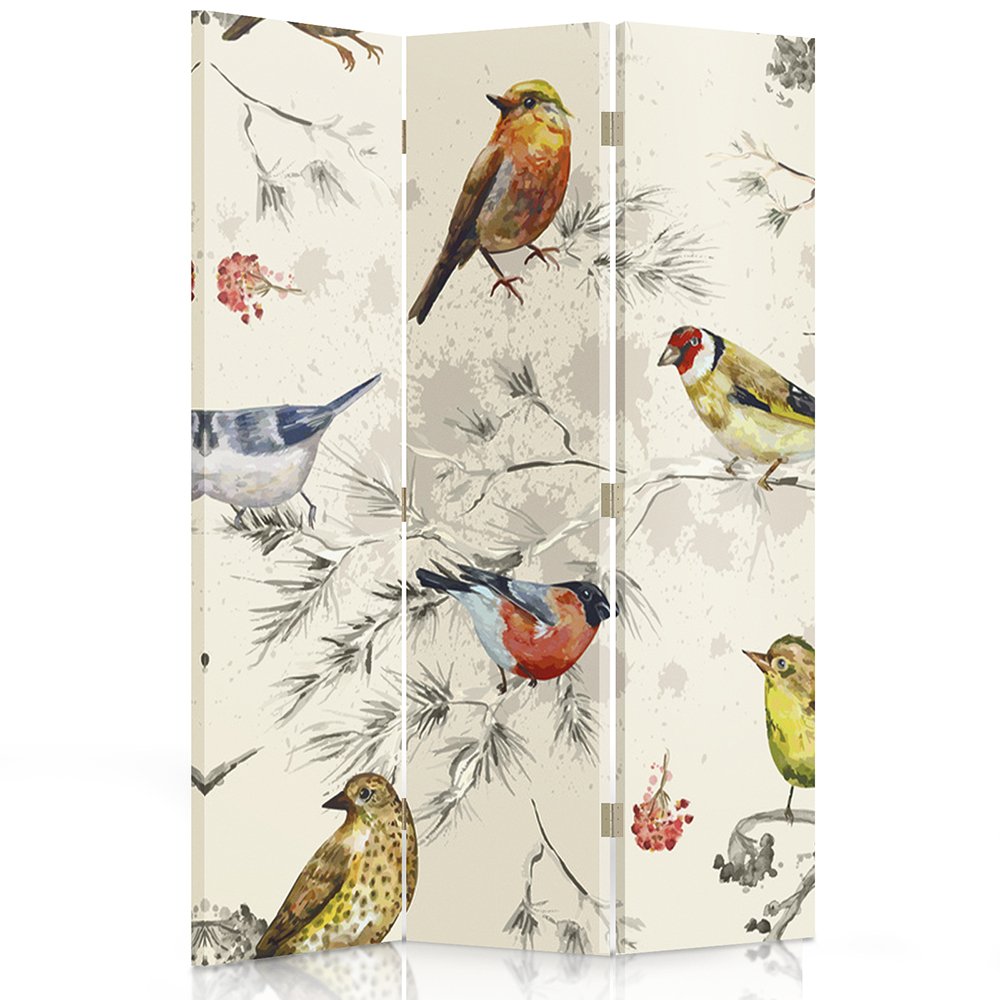 Feeby Paravent Oiseaux Branches 3 Panneaux 110x150 cm Une Seule Côté Cloison de séparation Écran Pliant Interieur Décoratif Mur Espagnol Impression sur Toile Chambre d'enfant Salon Bureau Beige
