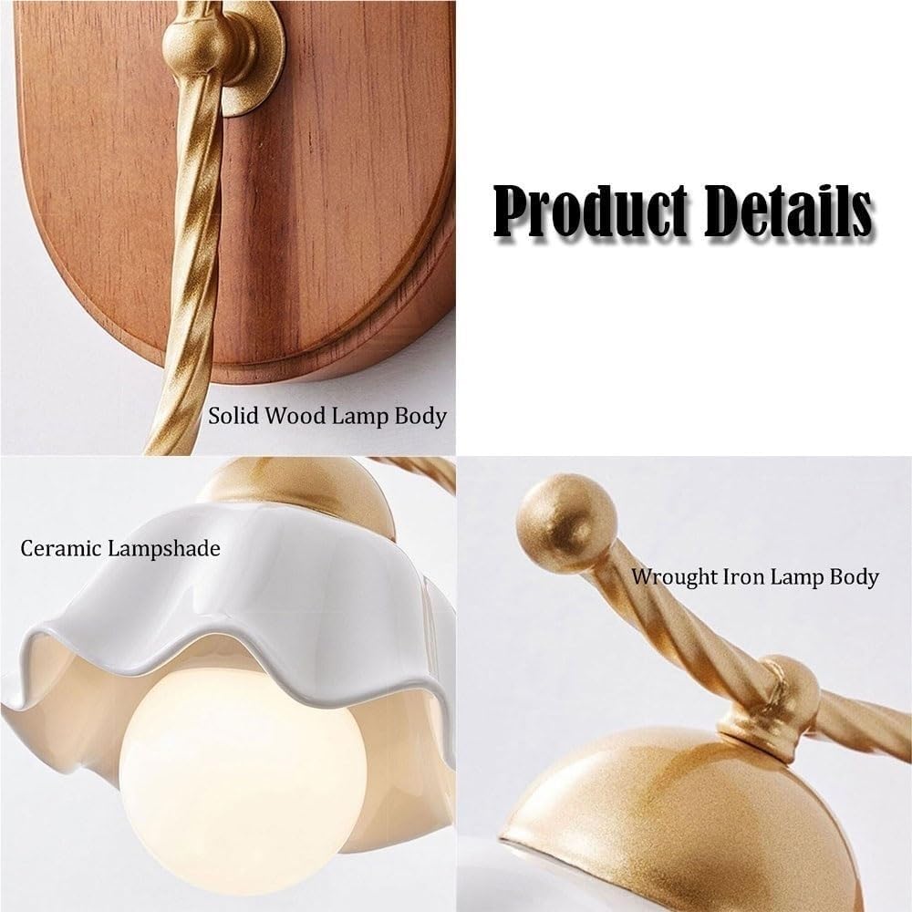 Aplique de Pared para Dormitorio, de cerámica Francesa con Forma de Flor, 33 cm (13 Pulgadas), Brazo de Metal Dorado retorcido con Base de Madera Maciza, Ideal para galerías, ofici