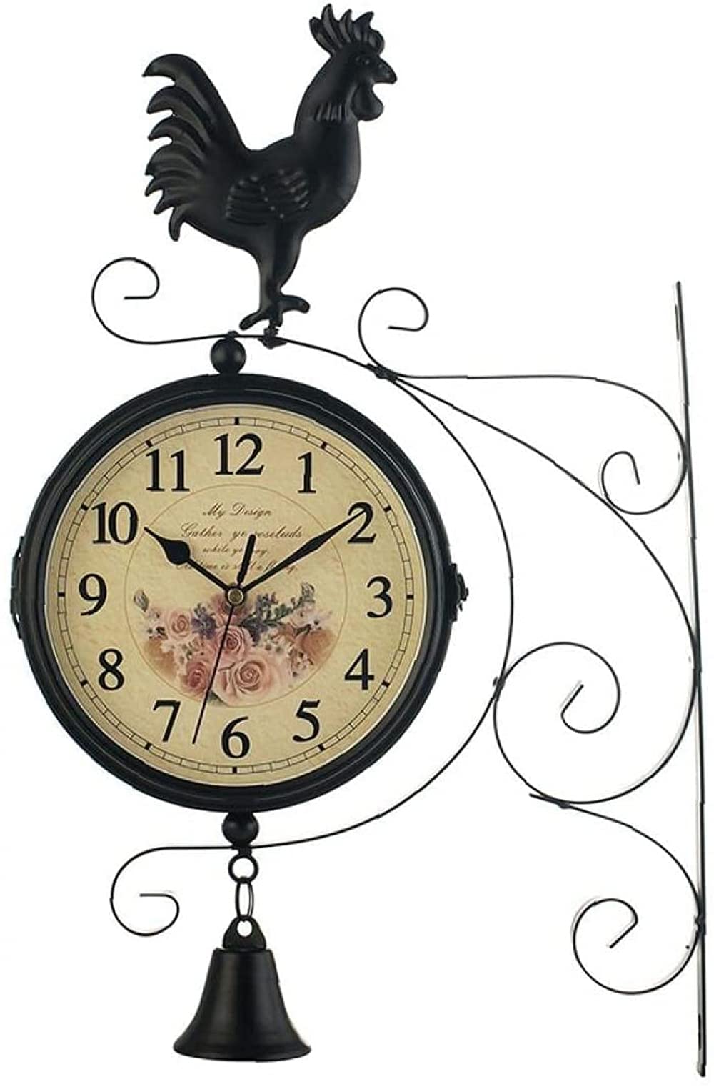 MYUYEE Classic Outdoor Wall Clock Decorative Garden Double Sided Retro Holder Hanging Iron Art Crafts with Ni Bell Rooster