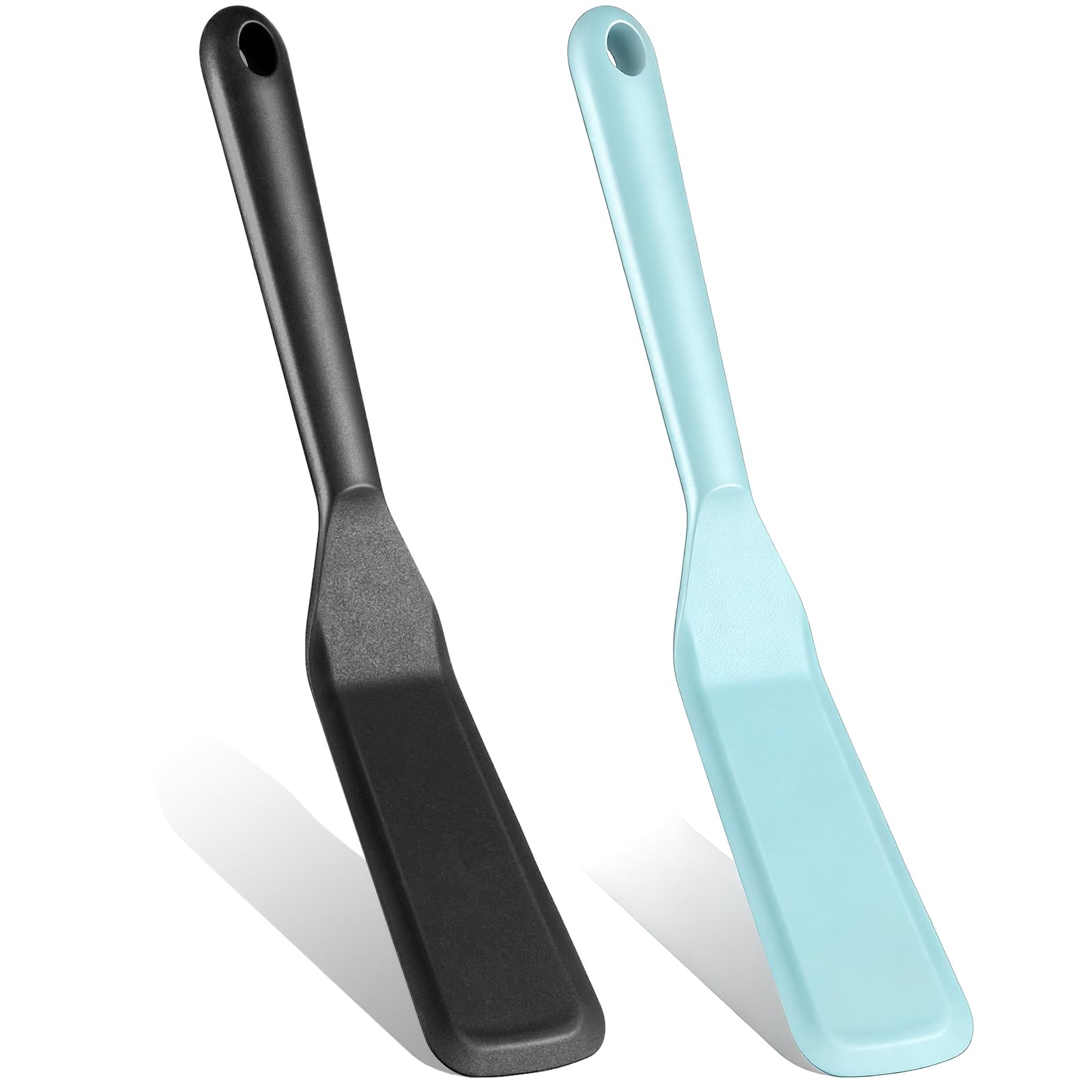 TIESOME 2 Pcs Silicone Spatula for Cooking, Long Narrow Spatula Heat Resistant Non-Stick Turner for Pancake, Omelet, Egg & Pizza (Black + Macaroni Blue)