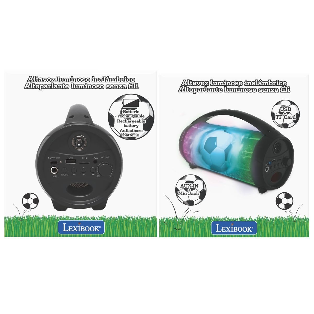 Lexibook Fußball Bluetooth‑Lautsprecher mit Mikrofon, tragbar, inkl. Kabelmikrofon, wiederaufladbar, für Kinder ab 6 Jahren, weiß/schwarz, BTP585FOZ