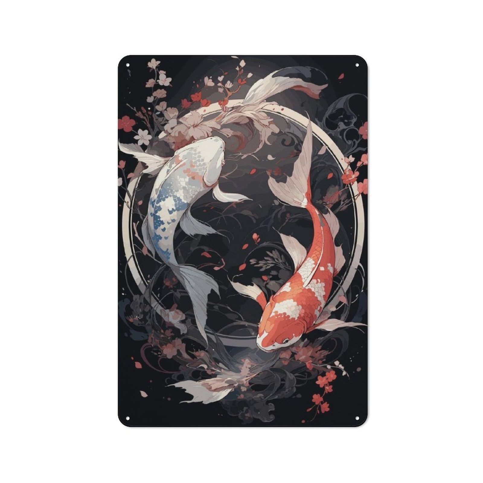 Junmoney Japanese Koi Ying Yang Rustic Tin Wall Plaque 30X20cm For Studio Or Craft Room, For Garage, Workshop And Man Cave Decoration