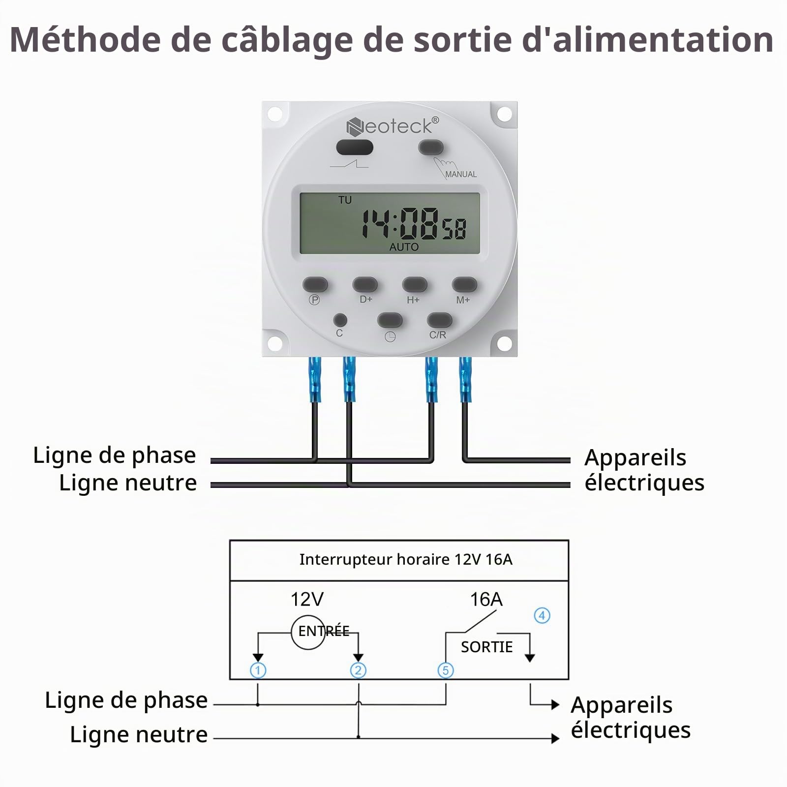 Neoteck 2pcs 12V 16A Prise Programmateur Digital à 16 Programmes Horloge Programmable Minuteur Prise Electrique LCD Affichage Numérique Antivol avec Boîtier Étanche/Ensemble de Borniers de Connexion