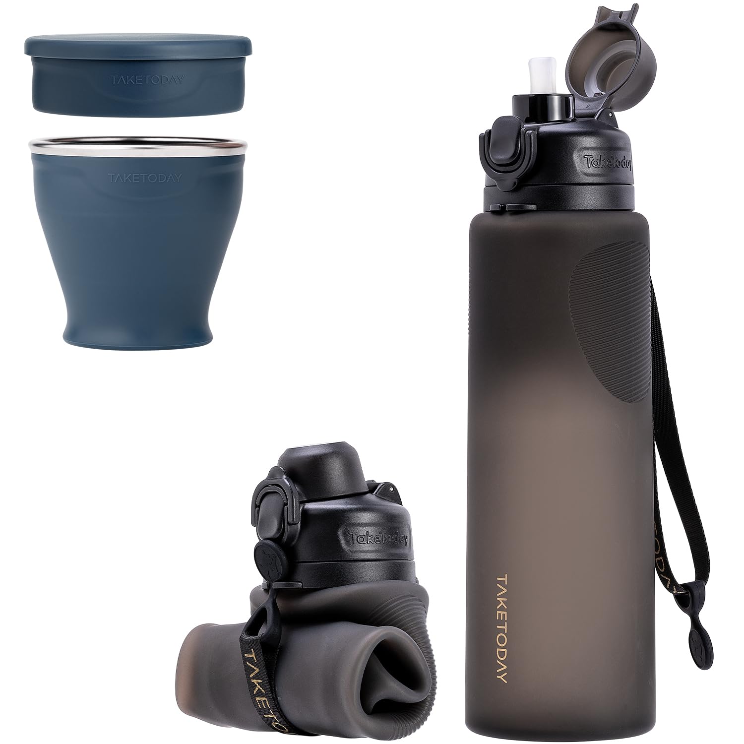 Faltbare Trinkflasche 1000ml Schwarz and Silikon-Faltbecher 240ml Schwarz