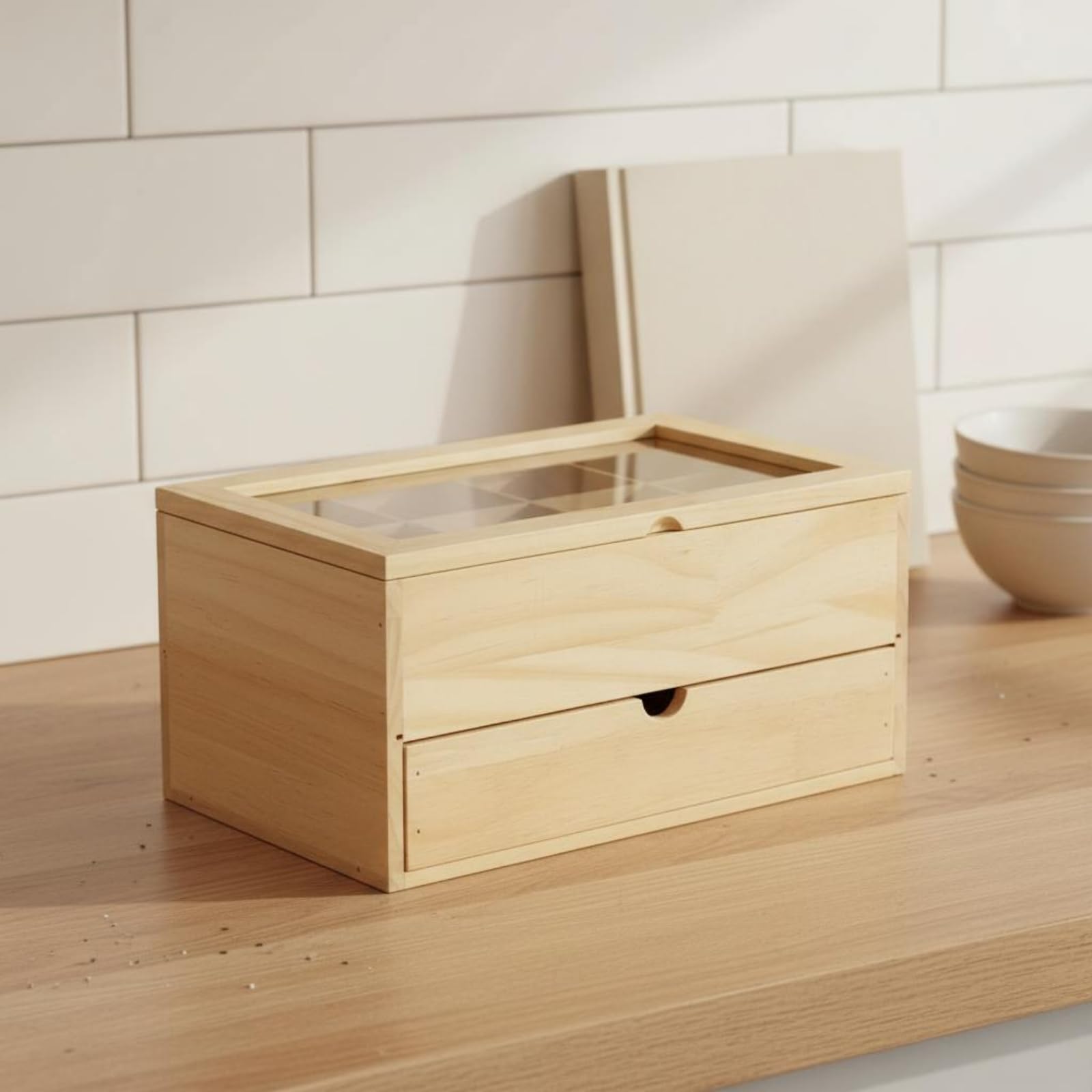 Qianly Boîte Thé Bois Double Niveau Boîte Compartimentée Gain Place Rangement Maison pour Bureau, Noir