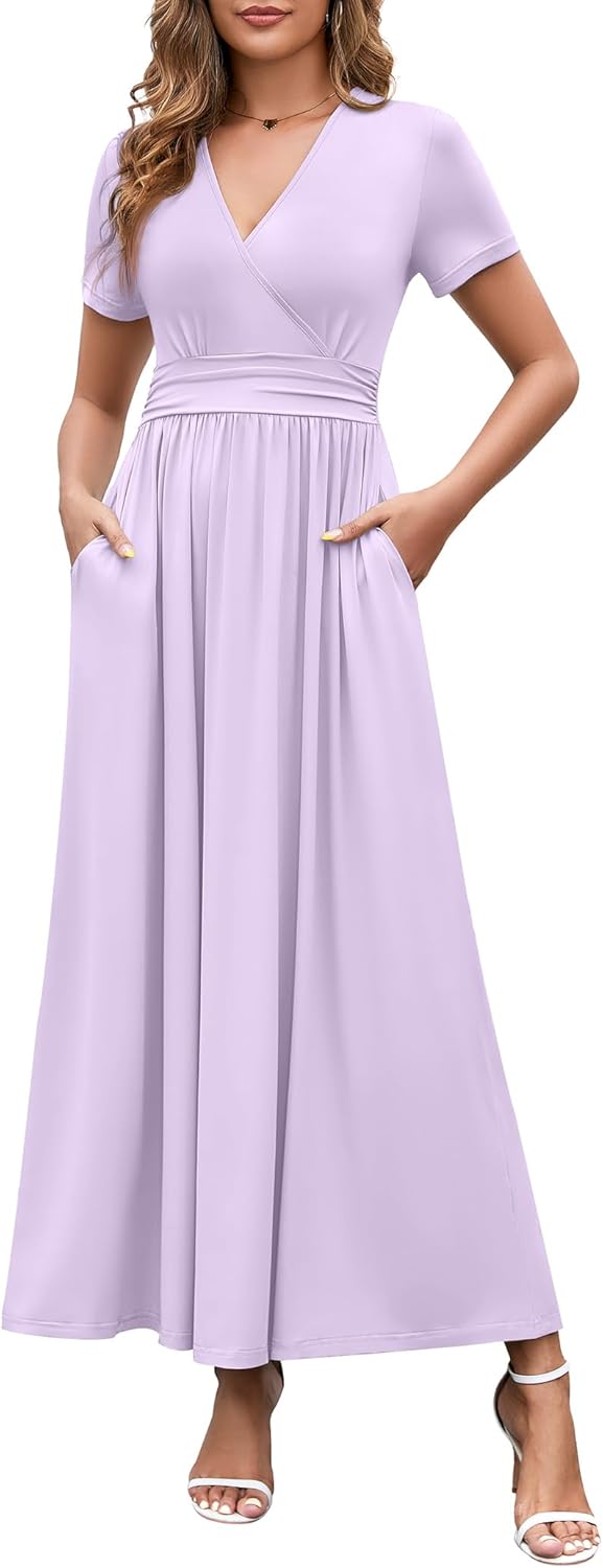 WEACZZY 2026 Summer Long Dresses for Women Wrap Empire Pleated Waist V Neck Short Sleeve Elegant Maxi Dress with Pockets - Image 2