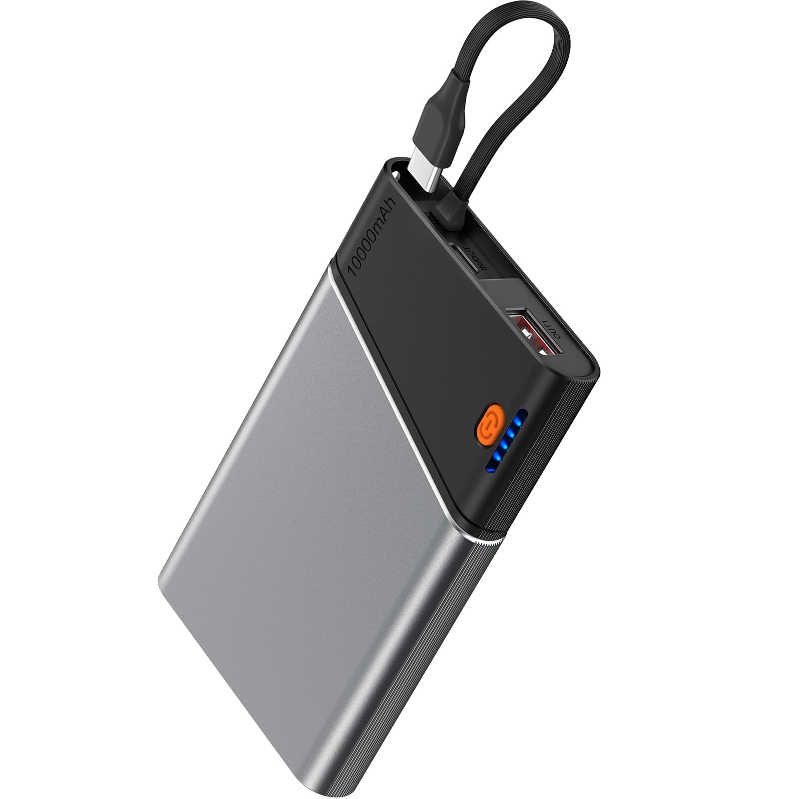 Aaoyun 10000mAh Portable Power Bank, 22.5W PD Fast Charging Battery Pack with Built-in USB-C Cable, Ultra-Slim External Phone Charger for iPhone 17/16/15, Samsung Galaxy S24, Android (Grey)