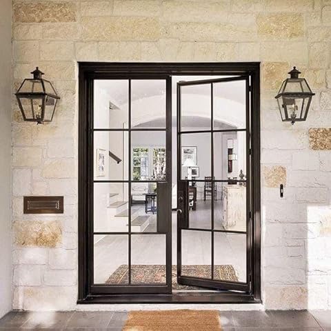 SINDA Steel French Double Door Exterior Entry Front Door Prehung Door 8-Lite Clear Low-E Glass, Matte Black, 72" W x 96" H Cover