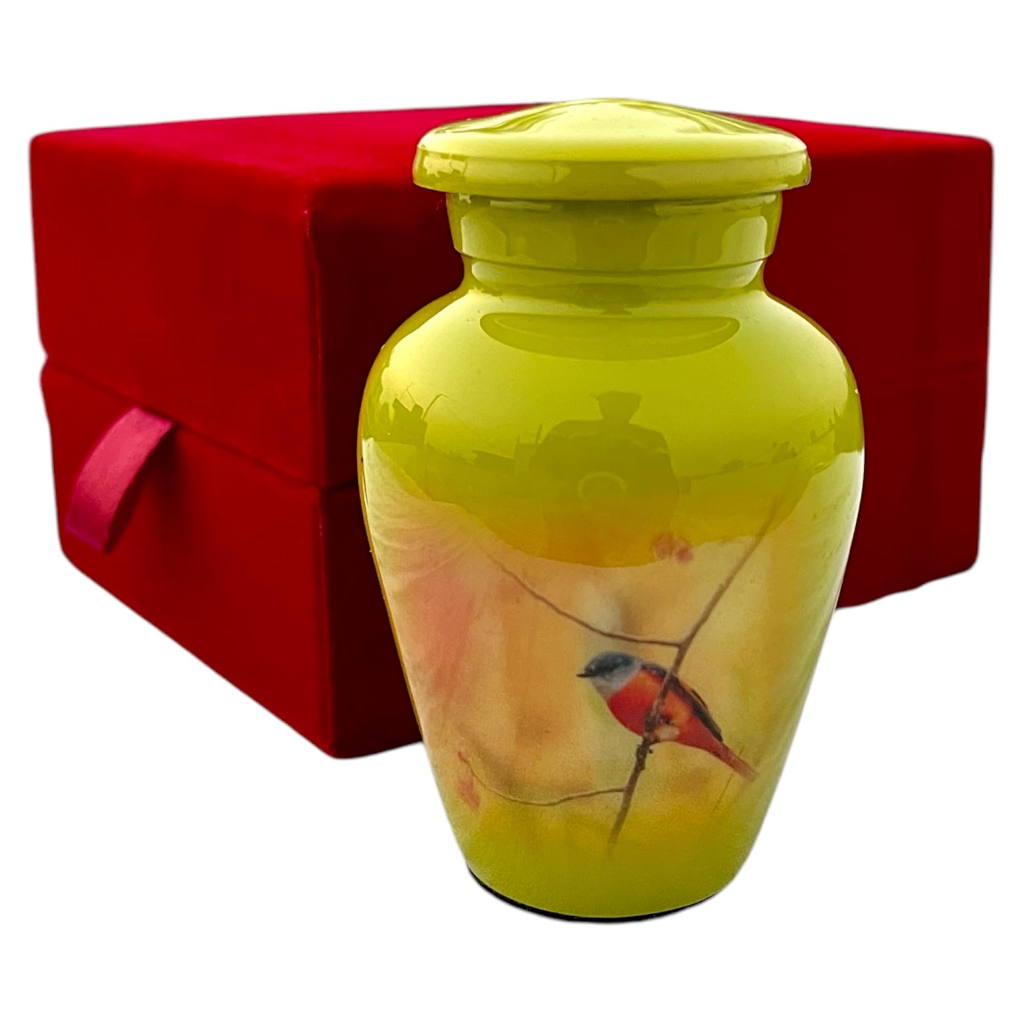 Decorative Small Cremation Urn with Bird Design, Yellow Aluminum Keepsake