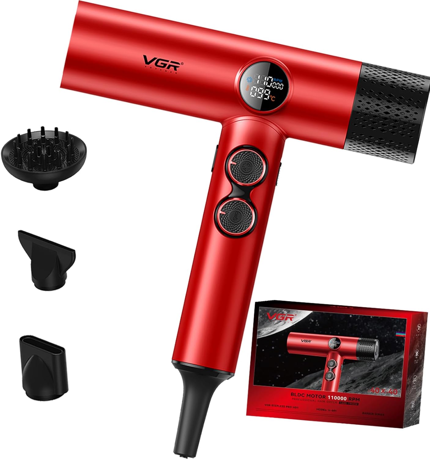 VGR 401 Negatief Ionische Haardroger, Professionele BLDC Motor Föhn voor Snel Drogen, LED Display Low Noise Thermo en RPM-Control Haardroger, Reizen met Magnetische 1 Diffuser & 2 Nozzle, Rood