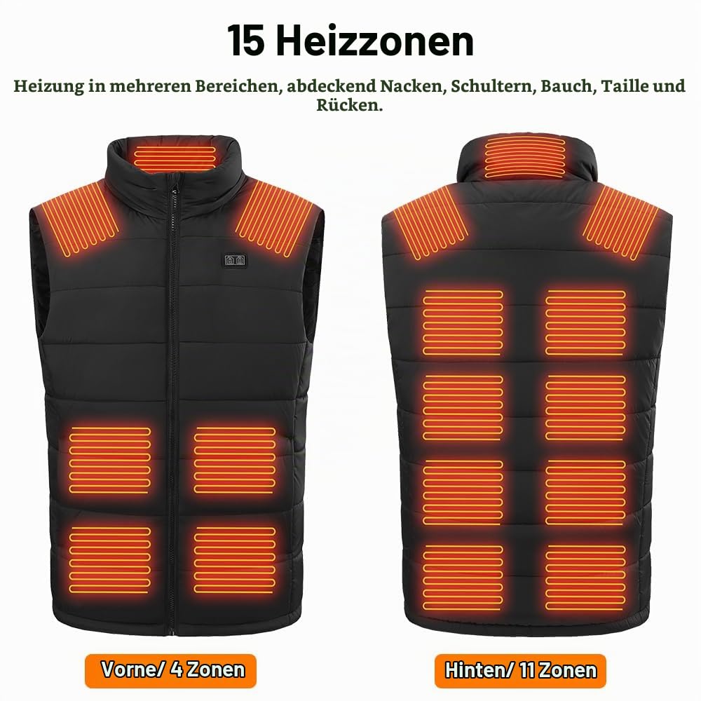 Rescien Beheizte Weste Herren Damen mit 15 Heizzonen Heizweste & 3 Temperaturstufen, 2025 Neu 5V/7.4V-kompatibel, USB Elektrische Heizweste, Beheizbare Jacke, Unisex Wärmende Wärmeweste Heizjacke