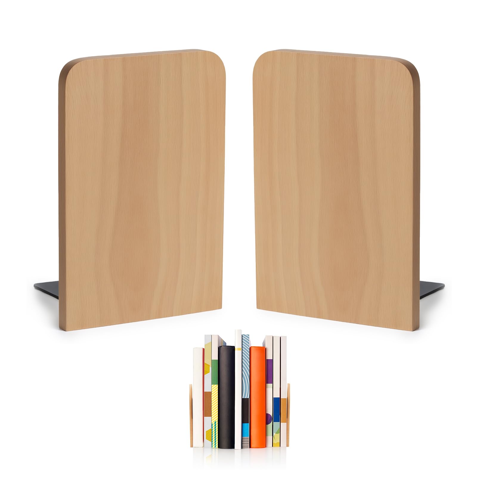 Wooden Bookends Set of 2, Bookend & Book Stand Made of Beech Wood, 17 x 12 x 10.5 cm - Sturdy Bookends for Shelf, Office, School & Library, Non-Slip Wooden Book Holder for CD & Books