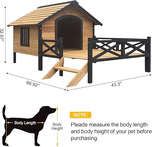Miniatura 3 de Casa grande para perros al aire libre con porche: refugio elevado de madera para perros – Cabaña de madera resistente a la intemperie para el