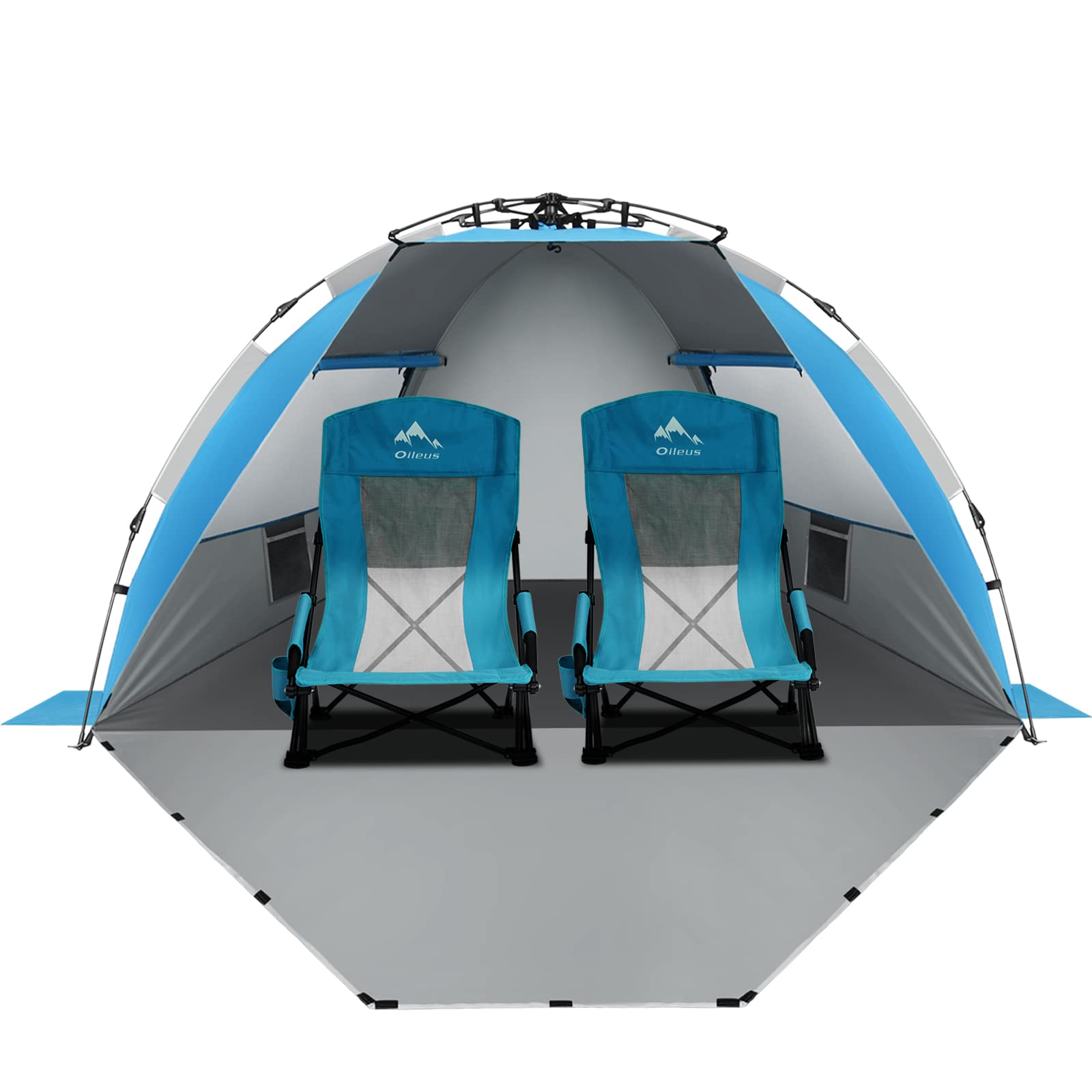 OileusFolding Portable Beach Chair High Back 2 Pcs and X-Large 4 Person Beach Tent Sun Shelter Blue