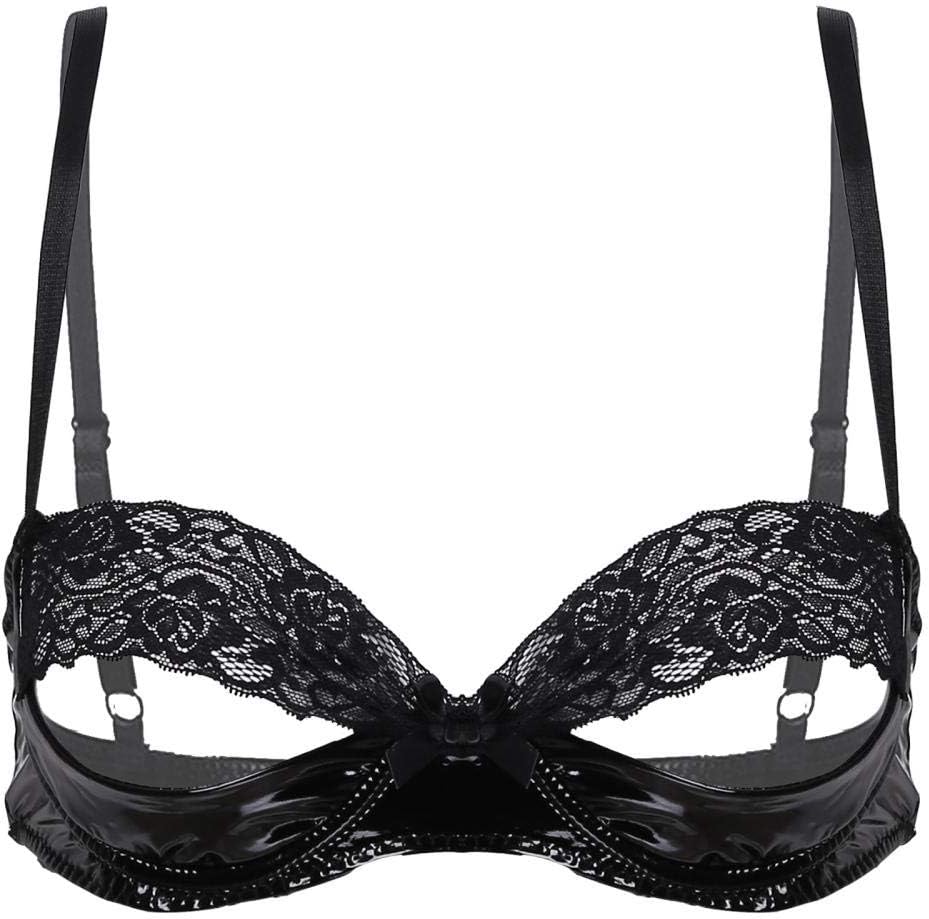 Womens Ladies Lace Splice Patent Leather Unlined Bra Tops Open Cup Bra Hole Sissy Ladies Exotic Lingerie Bras Sexy Clubwear